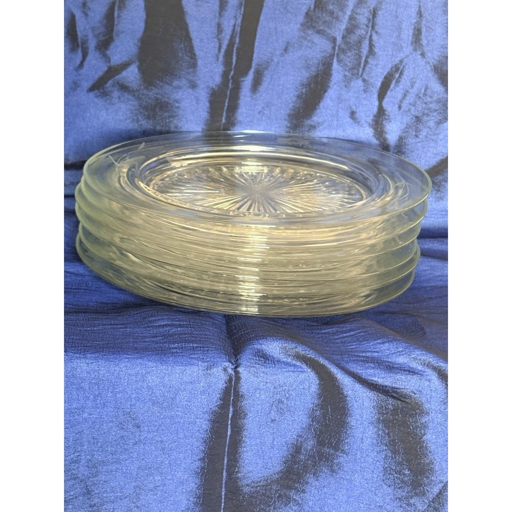 Vtg Elegant Clear Glass Plates Set 6 Etched Floral Rim Rays Starburst Center